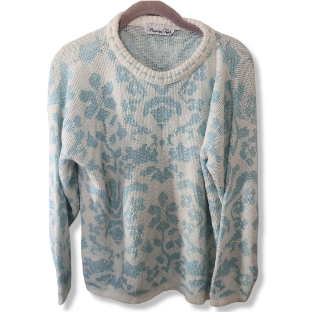 VTG pastel blue white Christmas winter sweater sparkle glitter fairy kei 80s L